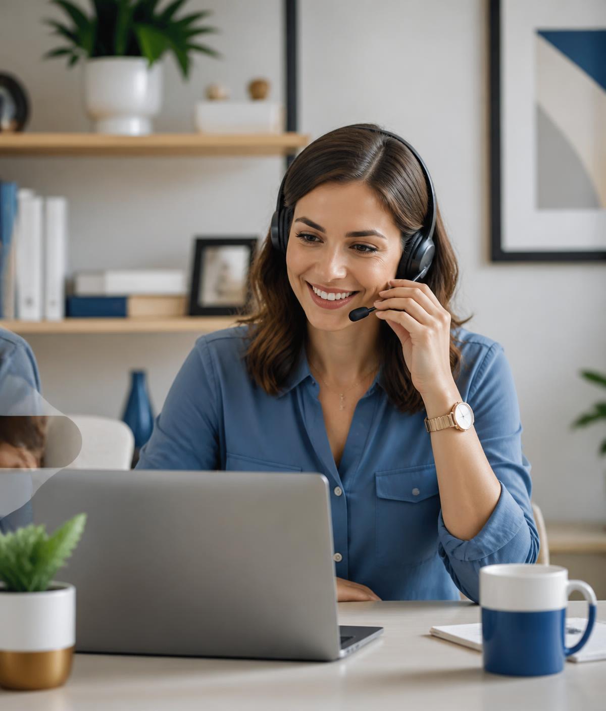 Person mit Telefon-Headset arbeitet lächelnd am Laptop in einem hellen Büro.